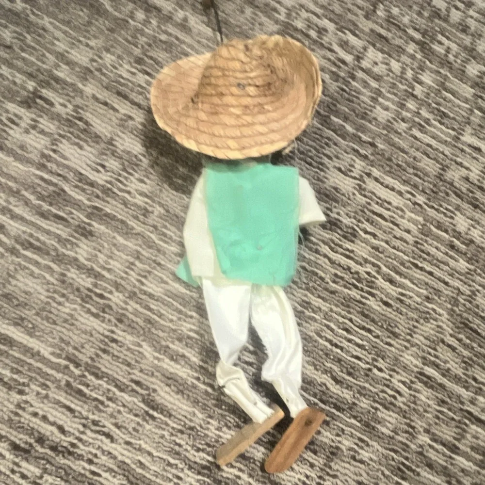 String Marionette Puppet w/ Wooden Cross Controller, Straw Hat, Green Vest